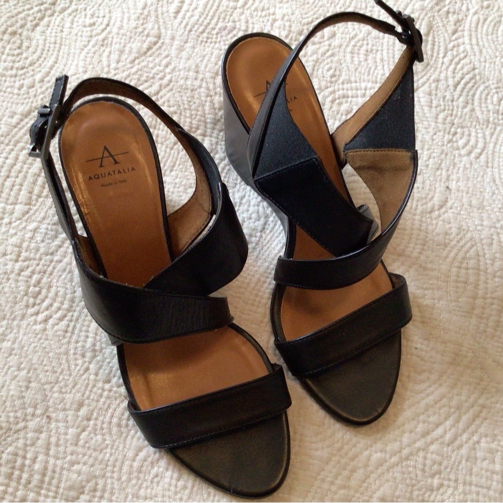Aquatalia Nikki Sandal Slingback Wedge Black Leather Italy size 8